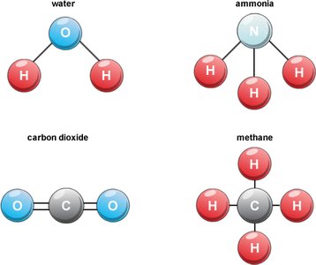Molecular diagrams of water, ammonia, carbon dioxide, and methane