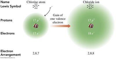Chlorine atom gaining one electron to form a chloride ion