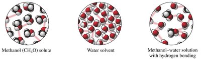 Methanol and water molecules forming hydrogen bonds in solution