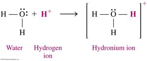 Formation of hydronium ion from water and hydrogen ion