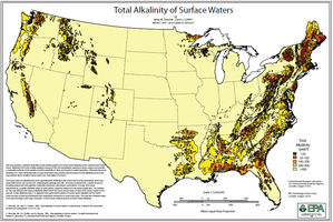 Map of US showing total alkalinity of surface waters