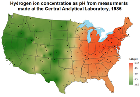 Map showing US precipitation acidity in 1985