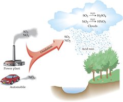 Diagram showing industrial and automobile sources of SOx and NOx leading to acid rain