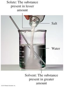 Solute and solvent in a solution (salt in water)