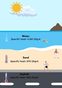 Specific heat comparison: water, sand, asphalt