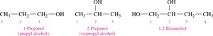 Condensed structural formulas for 1-propanol, 2-propanol, and 1,2-butanediol