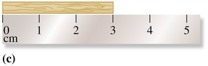 A ruler measuring a shorter wooden stick, illustrating the estimation of the last digit