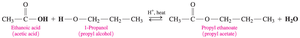 Esterification reaction between ethanoic acid and 1-propanol