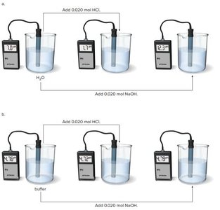 Buffer solution resists pH change compared to water