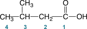 Condensed structural formula of a carboxylic acid with a methyl substituent