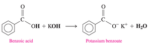 Neutralization of benzoic acid with KOH to form potassium benzoate