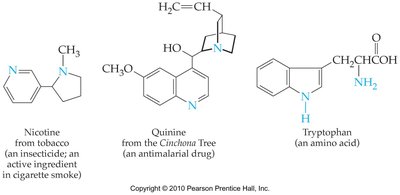 Structures of nicotine, quinine, and tryptophan