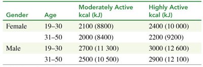 Table of daily energy requirements
