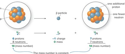 Beta emission: Carbon-14 decays to Nitrogen-14 by emitting a beta particle
