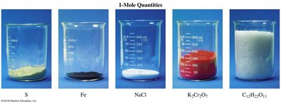 1-mole quantities of S, Fe, NaCl, K2Cr2O7, C12H22O11