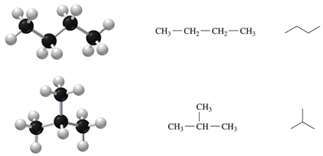 Ball-and-stick and line structures for straight-chain and branched alkanes