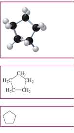 Ball-and-stick, condensed, and skeletal structures for cyclopentane