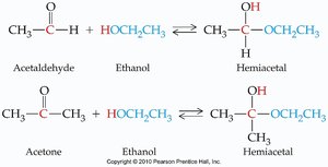 Hemiacetal formation with acetone and ethanol