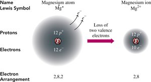 Magnesium atom losing two electrons to form Mg2+ ion