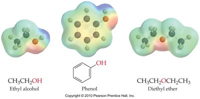 Ethyl alcohol, phenol, and diethyl ether molecular structures