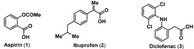 Structures of Aspirin, Ibuprofen, and Diclofenac highlighting functional groups