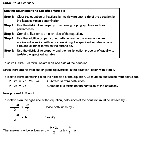 Step-by-step solution for solving P = 2a + 2b for b