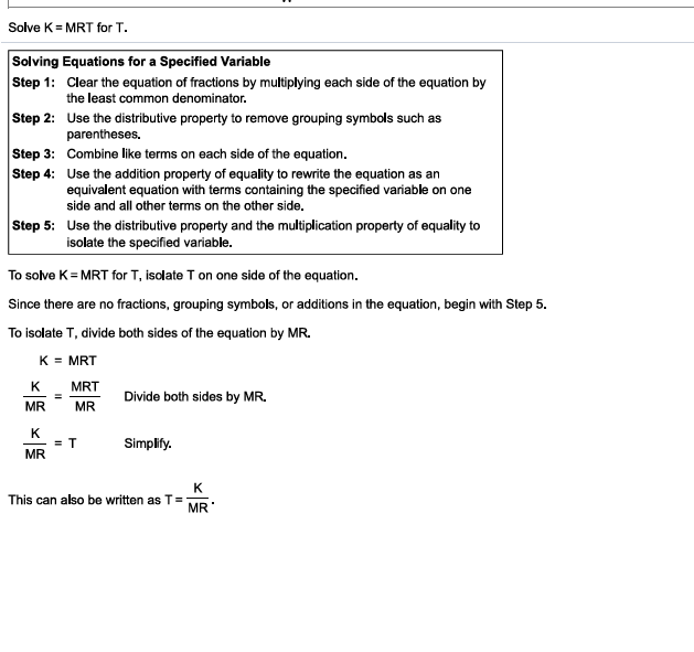 Step-by-step solution for isolating T in K = MRT