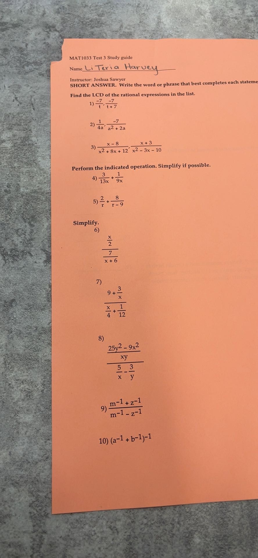 Worksheet with rational expressions and operations