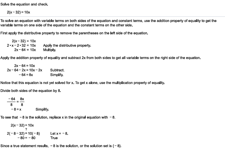 Step-by-step solution of a linear equation with variable terms on both sides