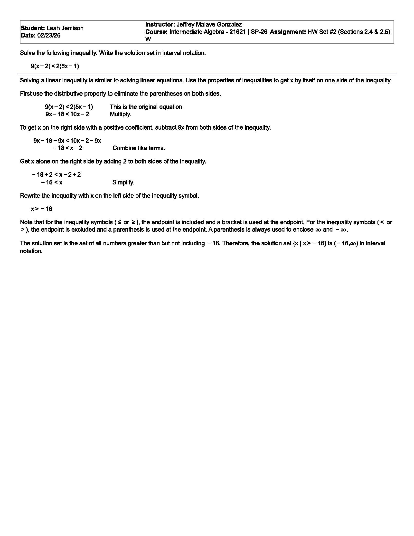 Step-by-step solution of a linear inequality problem