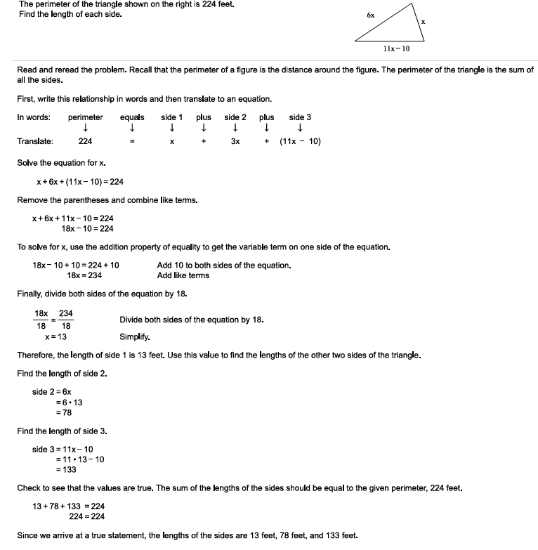 Triangle with sides labeled x, 6x, and 11x-10