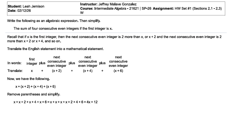 Sum of four consecutive even integers as an algebraic expression