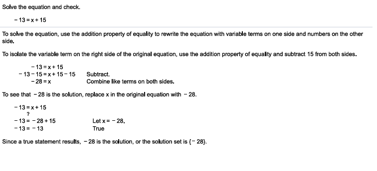 Step-by-step solution of a linear equation using the addition property of equality