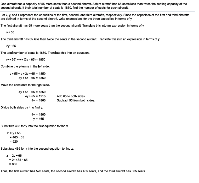 Step-by-step algebraic solution for aircraft seating problem