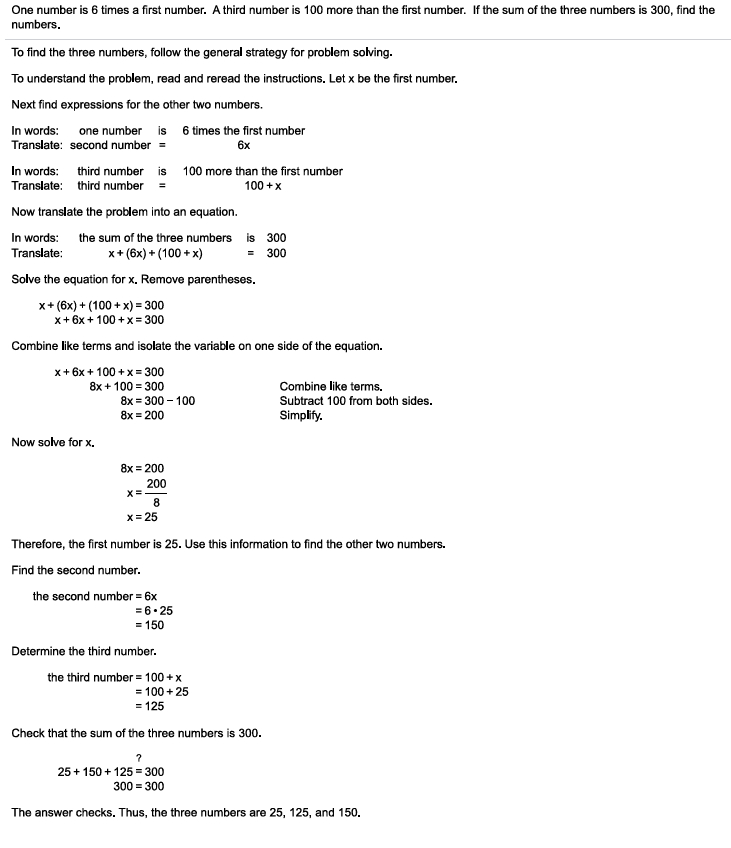 Step-by-step solution to the word problem involving three numbers