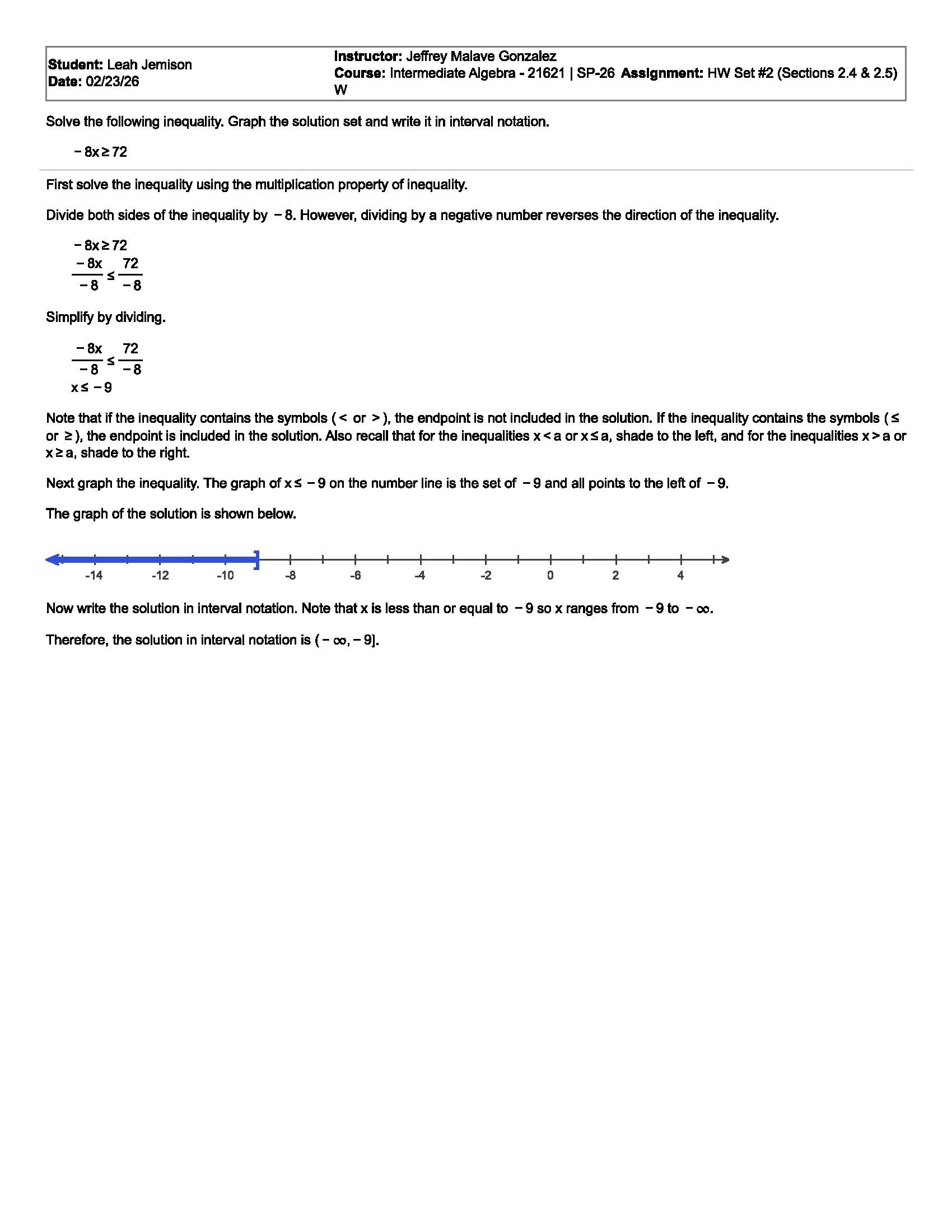 Number line graph showing solution to x ≤ -9