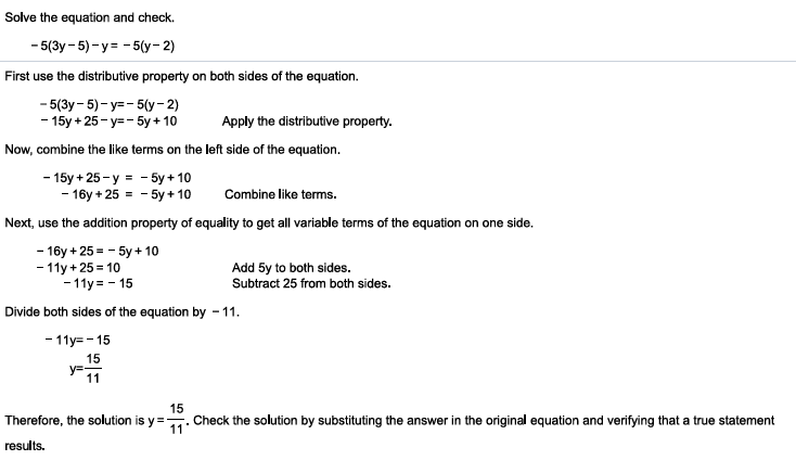 Step-by-step solution of a linear equation using distributive property and properties of equality