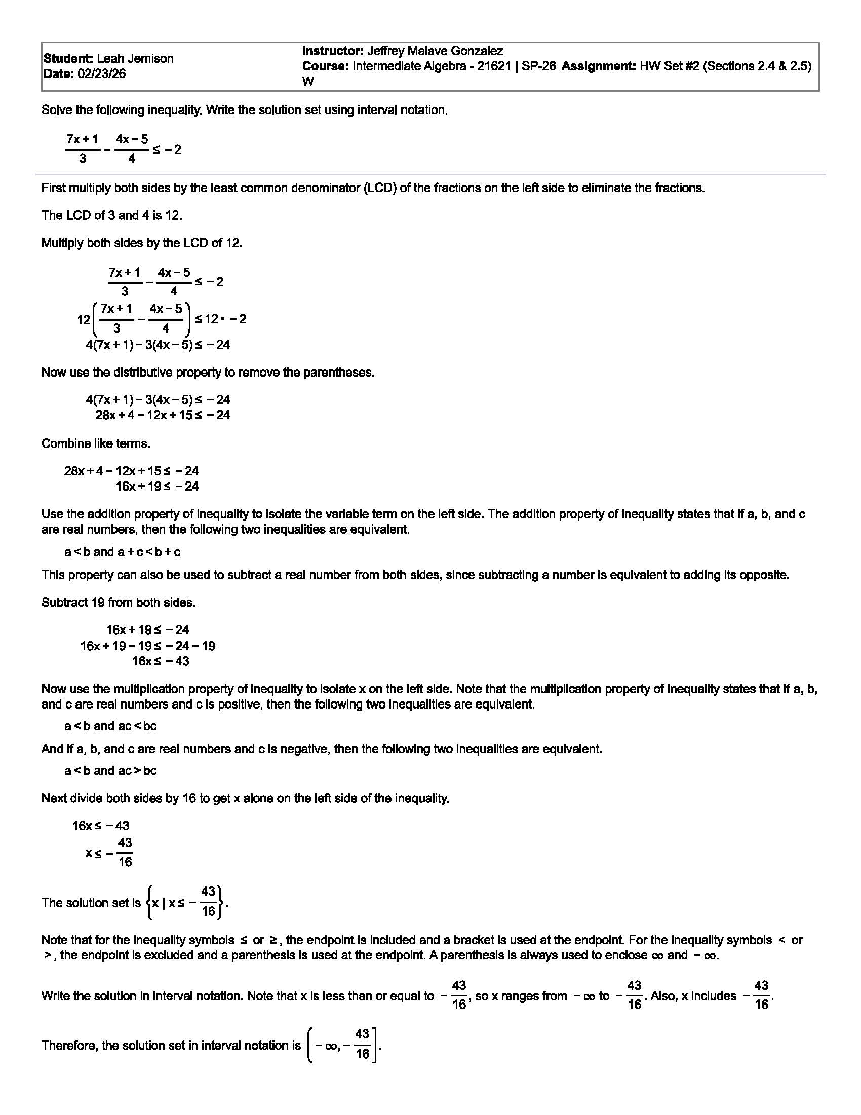 Step-by-step solution to a linear inequality with fractions, showing algebraic manipulation and interval notation
