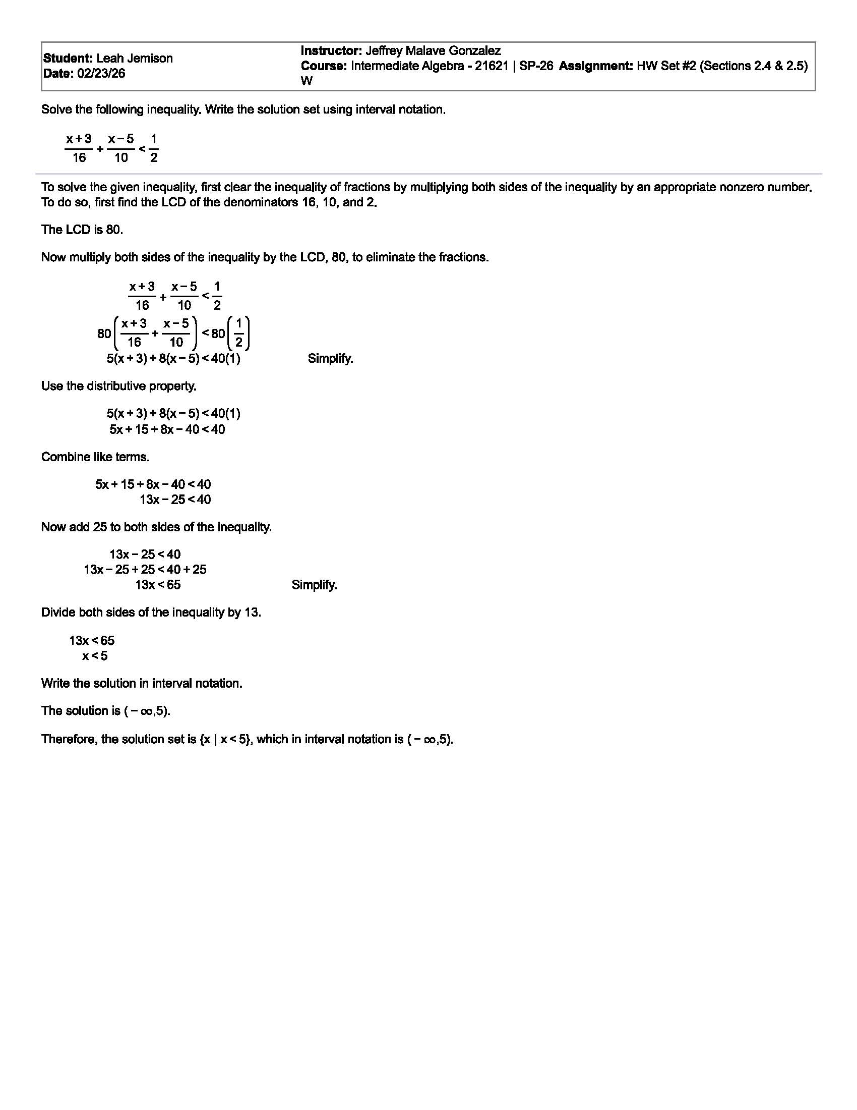 Step-by-step solution for a linear inequality with fractions