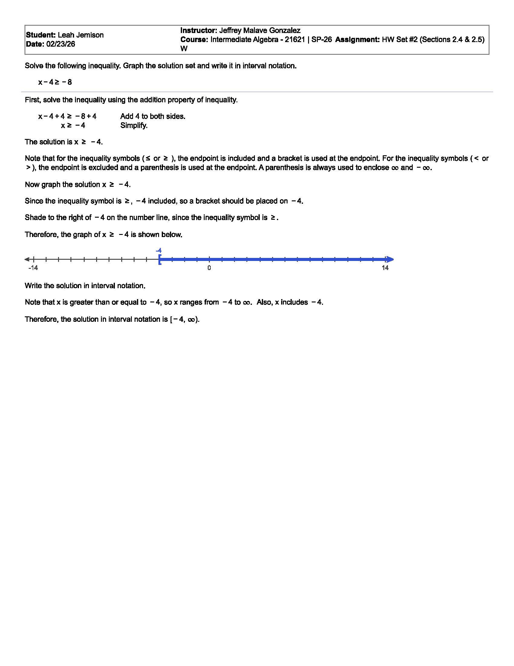 Number line showing solution x >= -4