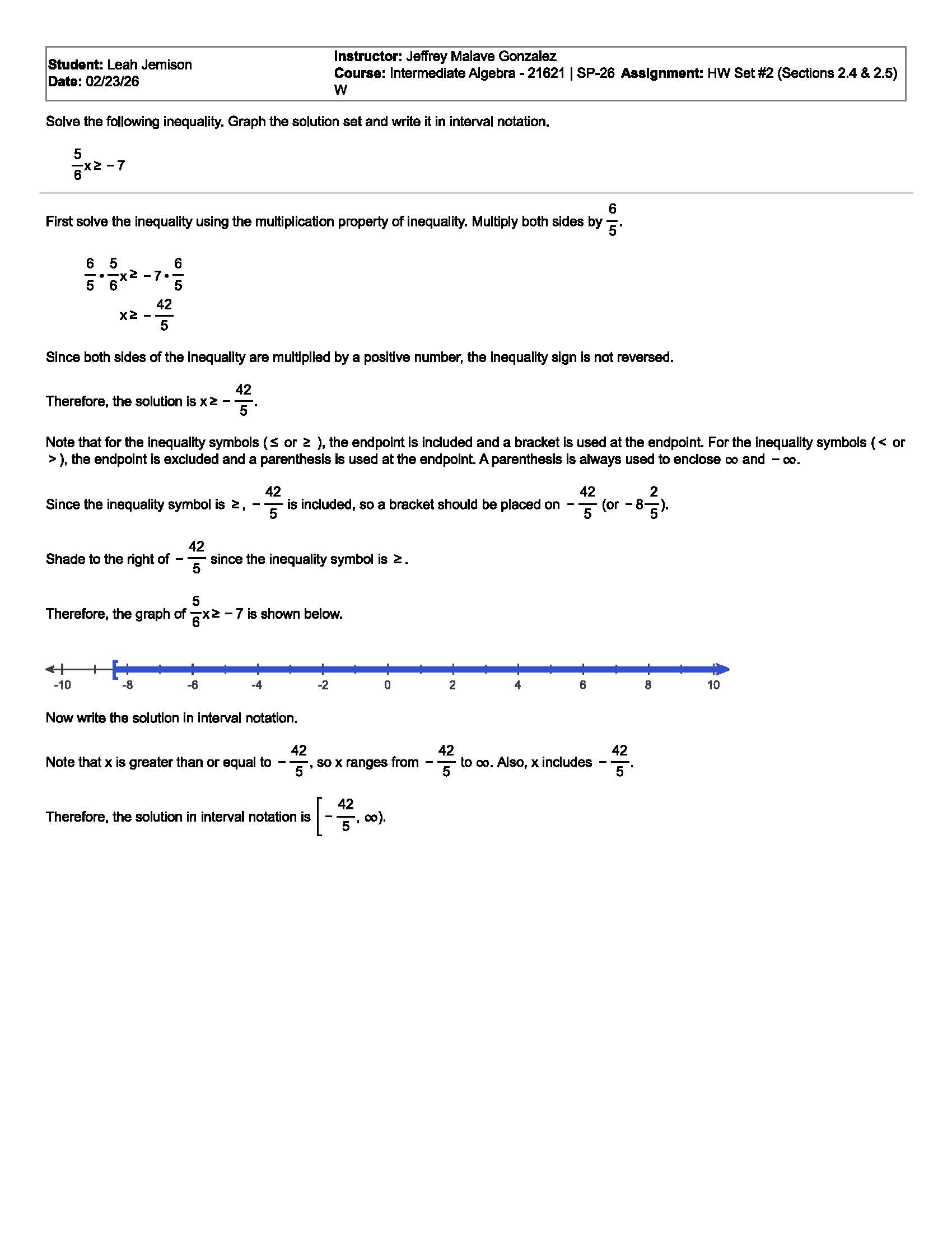 Number line graph of the solution set for the inequality