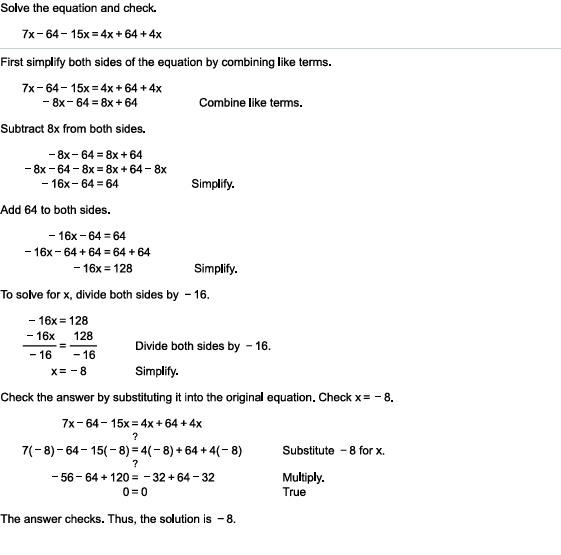 Step-by-step solution for solving a linear equation and checking the answer