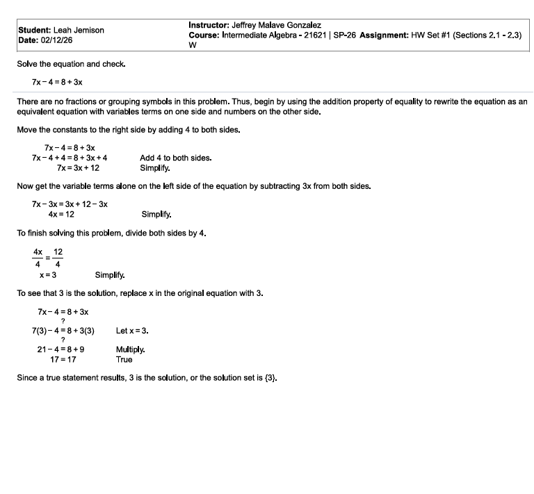 Step-by-step solution for linear equation 7x - 4 = 8 + 3x