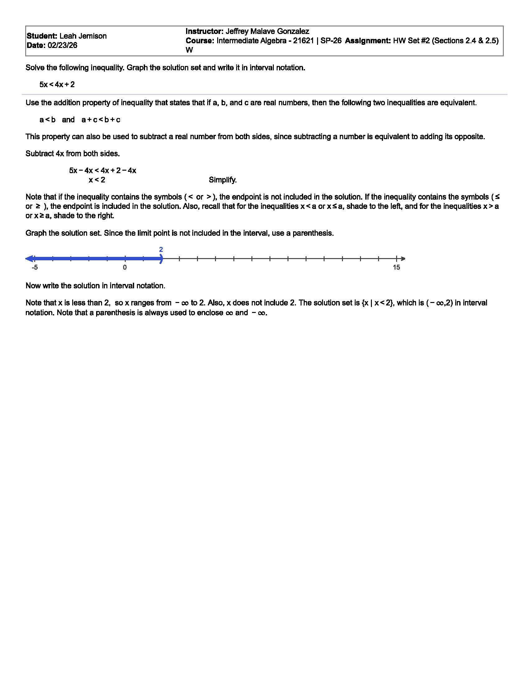 Number line graph showing x < 2