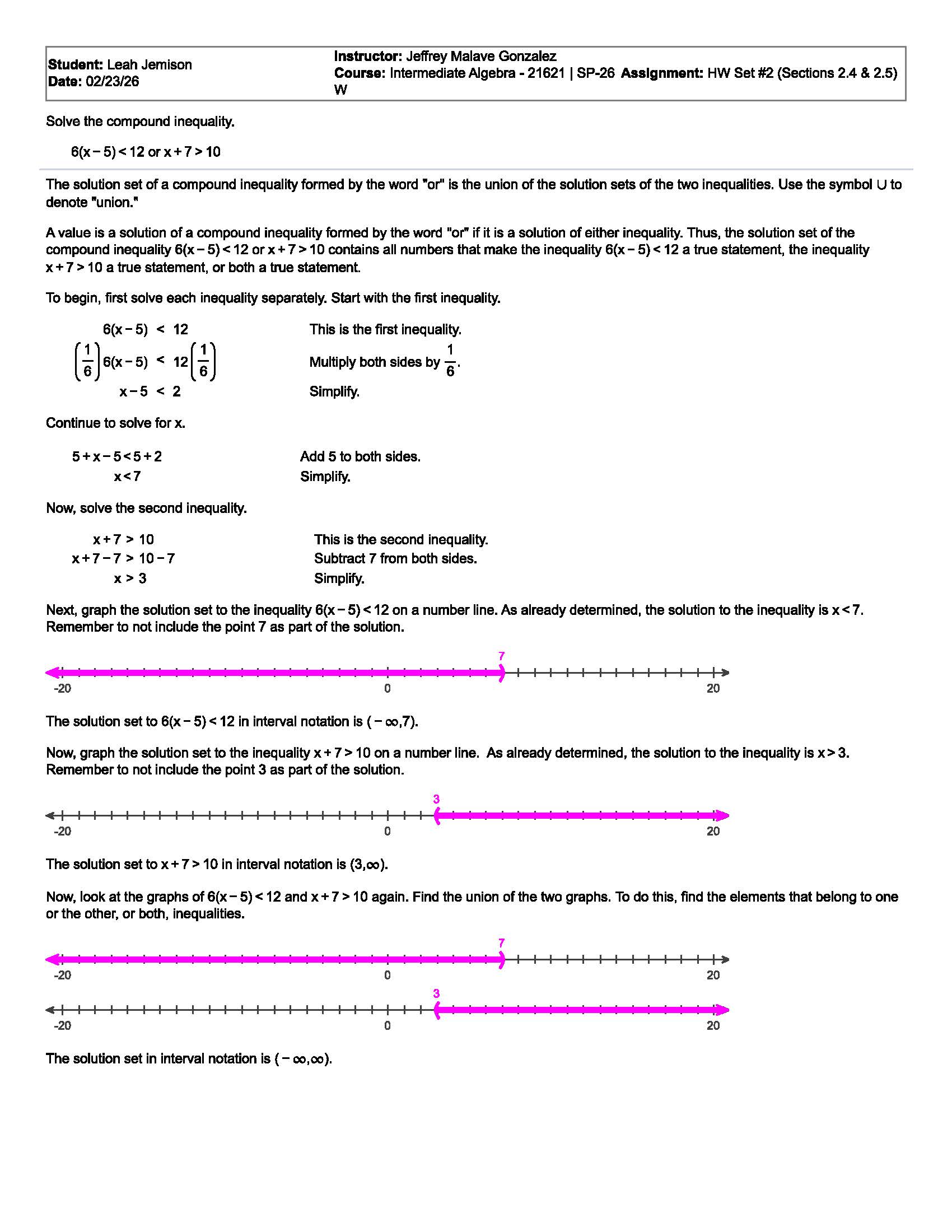 Number line graphs showing solution sets for inequalities