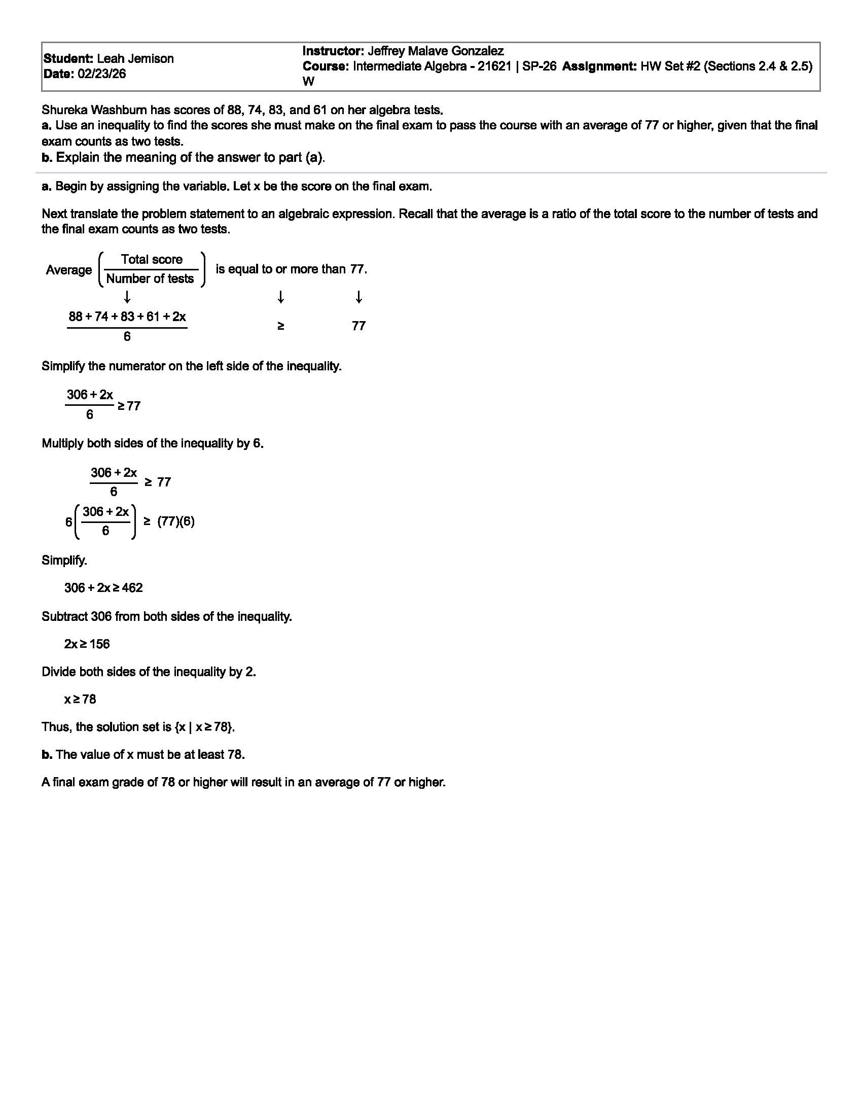 Inequality setup and algebraic steps for finding minimum final exam score