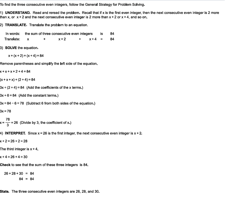 Step-by-step solution for consecutive even integers word problem