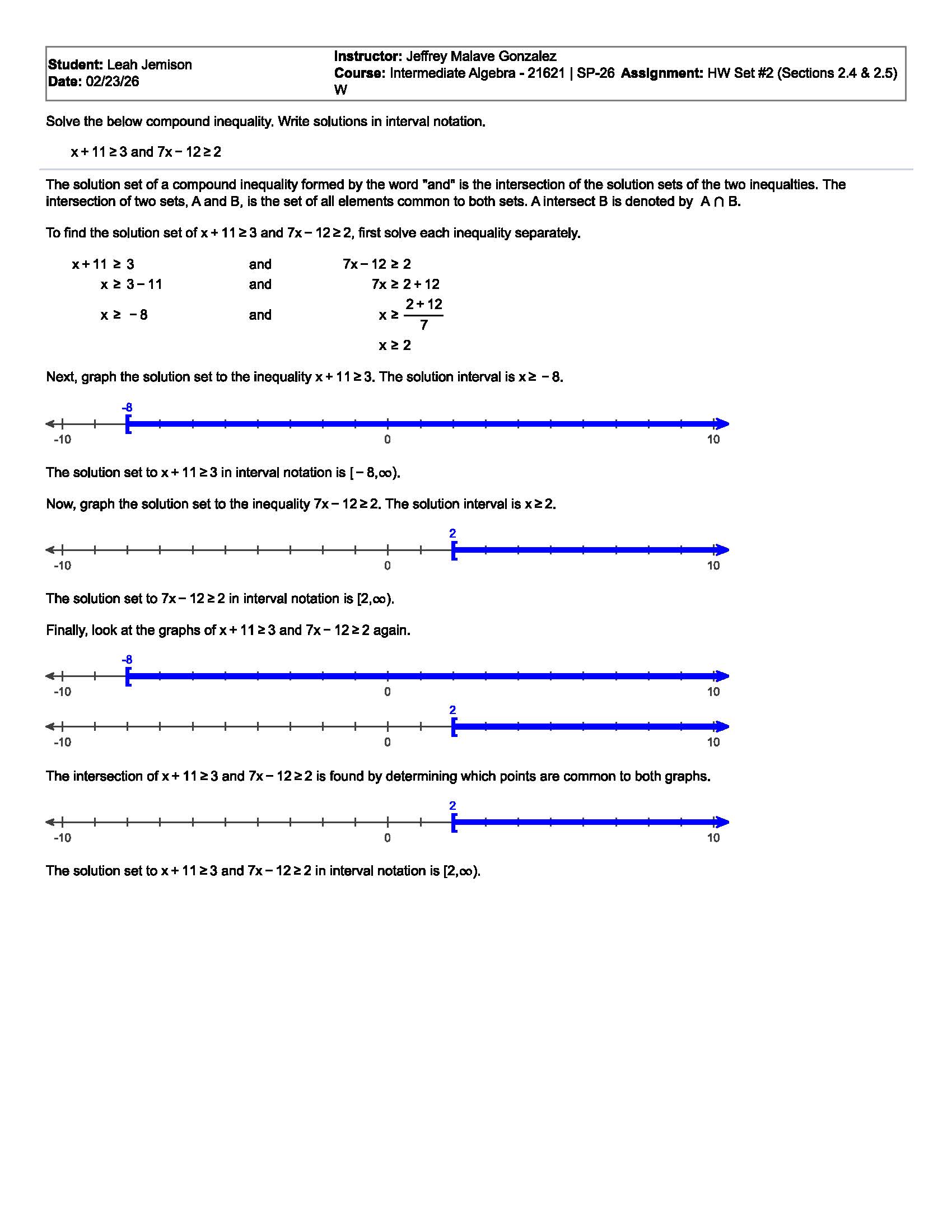 Number line graphs showing solution intervals for inequalities