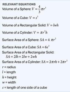 Relevant equations for calculating surface area and volume