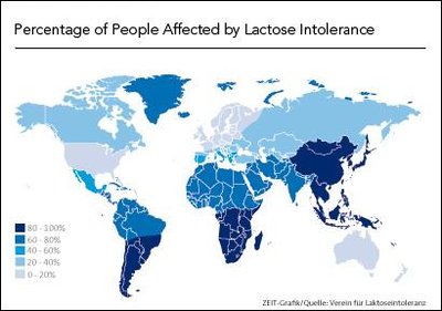World map showing percentage of people affected by lactose intolerance
